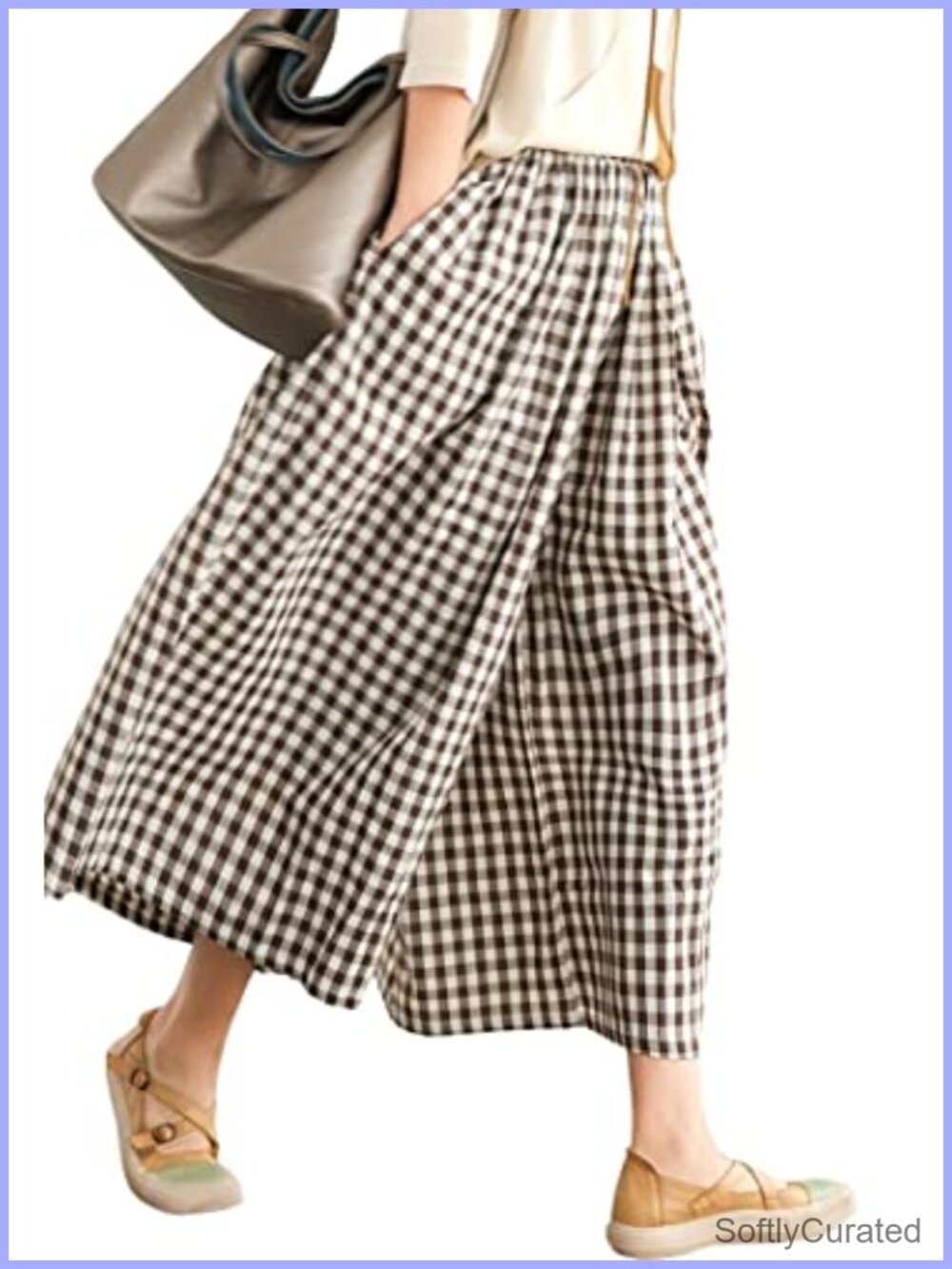 Cotton Linen Wide Leg Capri Palazzo Pants Elastic Waist Plaid